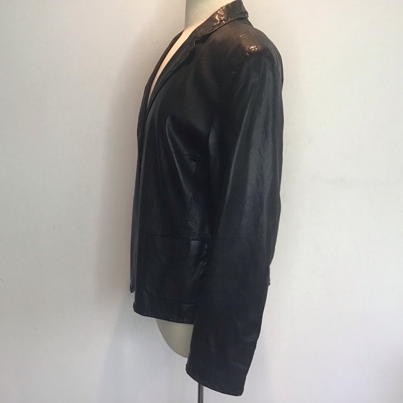 Rene Lezard black leather notched collar/zigzag stitching, 2 button blazer EU 42 - Picture 4 of 12